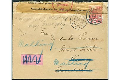 20 øre DSB på brev fra Rønne d. 1.8.1947 til Rønne Allé, Rønne - ubekendt i Rønne og sendt til Returpostkontoret, hvor brevet er blevet åbnet og den korrekte modtager i Malling er blevet fundet. Lidt nusset