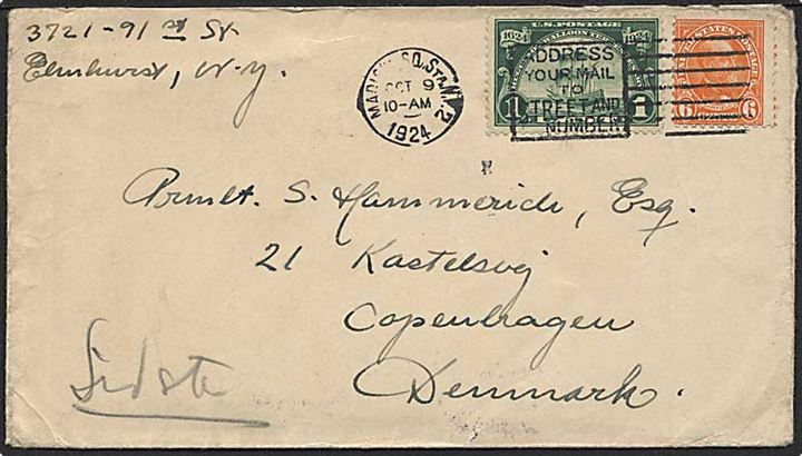 1 cent Huguegot og 6 cents Garfield på brev fra Madison d. 9.10.1924 til København, Danmark.