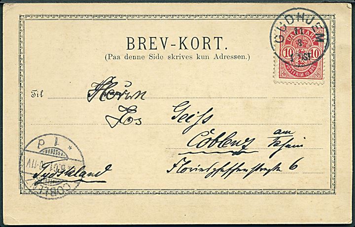 10 øre Våben på brevkort annulleret med lapidar Gudhjem d. 11.8.1901 til Coblenz, Tyskland.