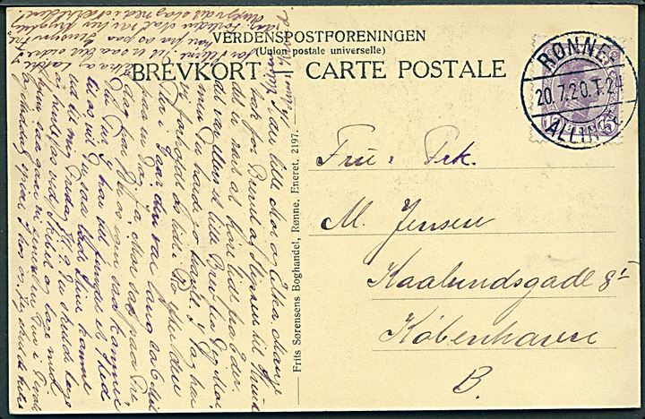 15 øre Chr. X på brevkort annulleret med bureaustempel Rønne - Allinge T.24 d. 20.7.1920 til København.