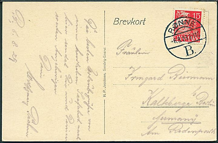 15 øre Karavel på brevkort annulleret brotype Vb Rønne B. d. 6.8.1929 til Berlin, Tyskland.