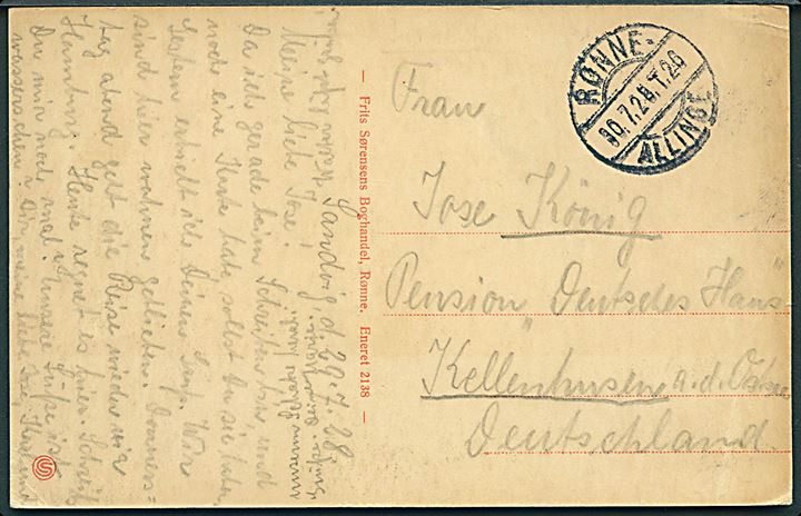 Ufrankeret brevkort dateret Sandvig med bureaustempel Rønne - Allinge T.26 d. 30.7.1928 til Kellenhusen, Tyskland. Ikke udtakseret i porto.