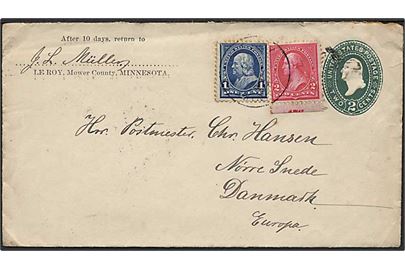 2 cents helsagskuvert opfrankeret med 1 c. Franklin og 2 c. Washington fra Le Roy 1896 til Nørre Snede, Danmark.