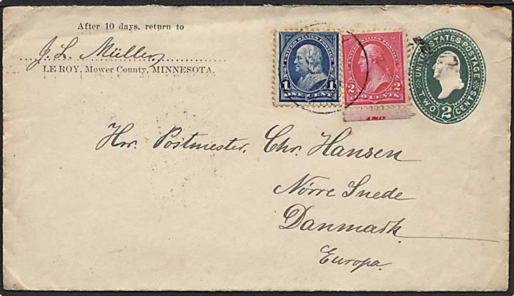 2 cents helsagskuvert opfrankeret med 1 c. Franklin og 2 c. Washington fra Le Roy 1896 til Nørre Snede, Danmark.