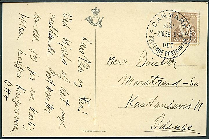 10 øre Tavsen på brevkort annulleret med særstempel Danmark * Det rullende Postkontor * d. 2.10.1936 til Odense. Kontoret opstillet i Næstved d. 2.10.1936 i forbindelse med Kongerevy (Afslutning af efterårsmanøvren).