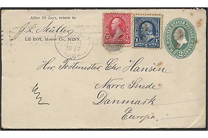 2 cents helsagskuvert opfrankeret med 1 c. Franklin og 2 c. Washington fra Le Roy 1897 til Nørre Snede, Danmark.