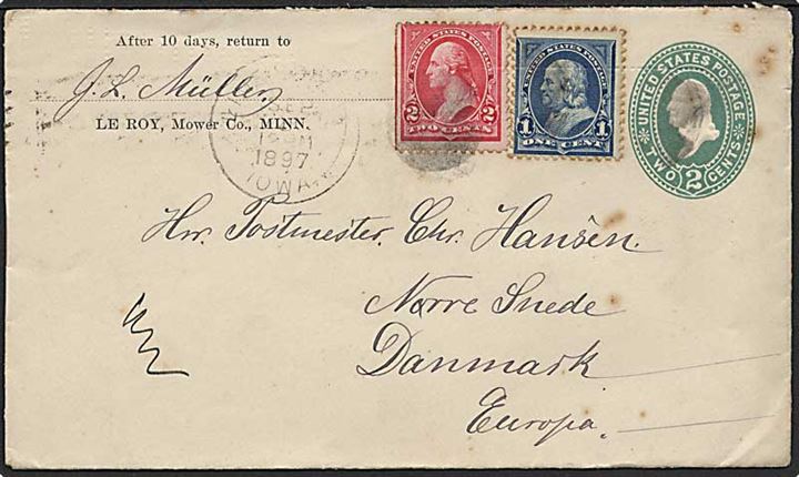 2 cents helsagskuvert opfrankeret med 1 c. Franklin og 2 c. Washington fra Le Roy 1897 til Nørre Snede, Danmark.
