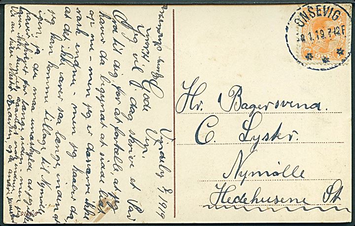 7 øre Chr. X på brevkort annulleret med brotype IIIb Onsevig d. 9.1.1919 til Hedehusene.