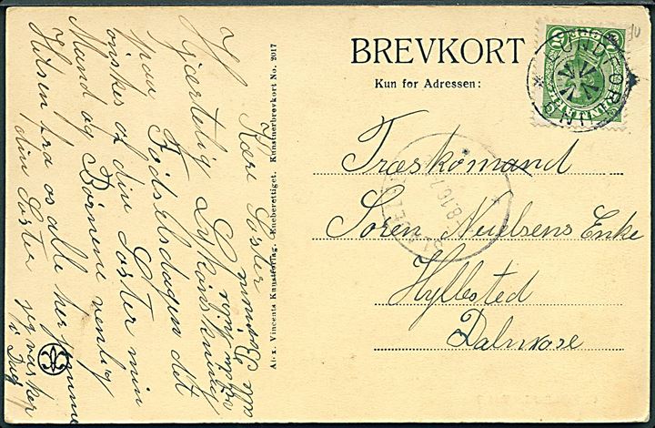 5 øre Chr. X på brevkort annulleret med stjernestempel LUNDFORLUND og sidestemplet Slagelse d. 2.8.1916 til Dalmose.