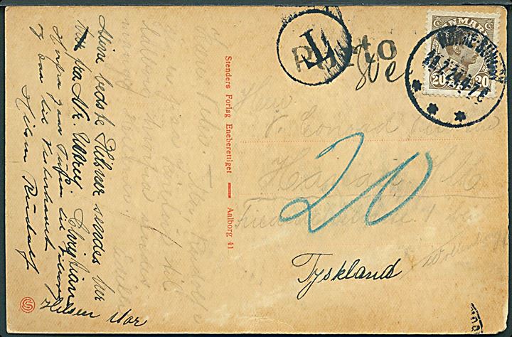20 øre Chr. X på underfrankeret brevkort annulleret Nørre-Sundby d. 23.2.1924 til Hanau, Tyskland. Sort T-stempel og Porto, samt udtakseret i 20 pfg. tysk porto.