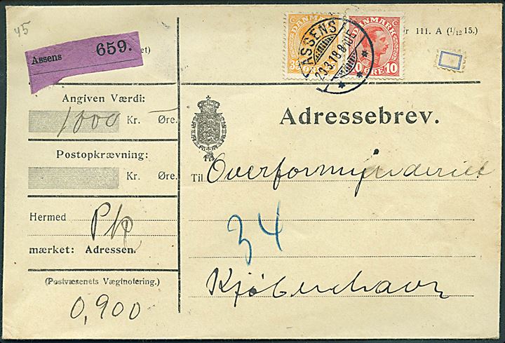 10 øre og 35 øre Chr. X, samt syltetøjs-mærke som provisorisk gebyrmærke, på adressebrev for værdipakke fra Assens d. 20.3.1918 til København.