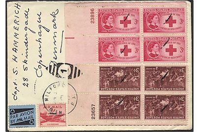 3 cents Røde Kors og 3 cents The Doctor i fireblokke med plate no., samt 6 cents Luftpost på luftpostbrev fra Milford 1953 til København, Danmark.