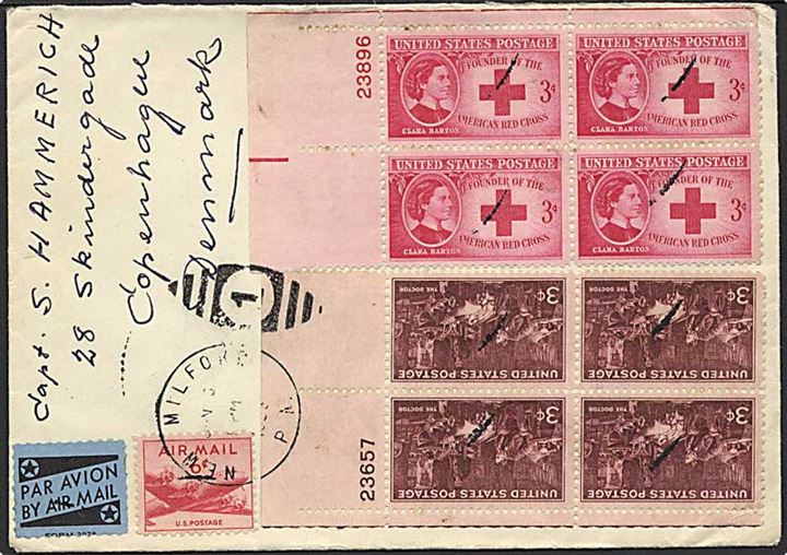 3 cents Røde Kors og 3 cents The Doctor i fireblokke med plate no., samt 6 cents Luftpost på luftpostbrev fra Milford 1953 til København, Danmark.