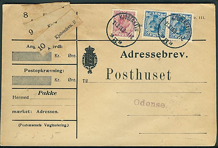 20 øre (parstykke) og 50 øre Chr. X på adressebrev for tre pakker fra Kjøbenhavn d. 21.3.1916 til Odense.