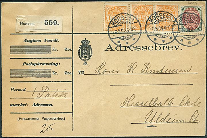 12 øre Tofarvet og 1 øre Våben (3) på adressebrev for pakke fra Horsens d. 9.5.1904 til Uldum.