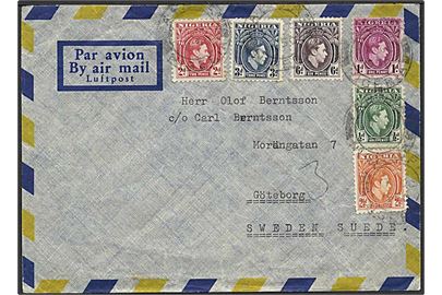 ½d, 1d, 2d, 2½d, 3d og 6d George VI på luftpostbrev fra svensk skib S/S Roxen i Nigeria 1950 til Göteborg, Sverige.