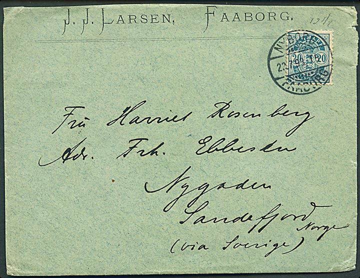 20 øre Våben på brev fra Faaborg annulleret med bureaustempel Nyborg - Faaborg T.5 d. 22.7.1898 til Sandefjord, Norge. Påskrevet via Sverige.