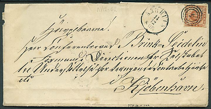 4 sk. 1858 udg. på brev annulleret med nr.stempel 5 og sidestemplet antiqua Aarhus d. 14.12.1862 til Kjøbenhavn.