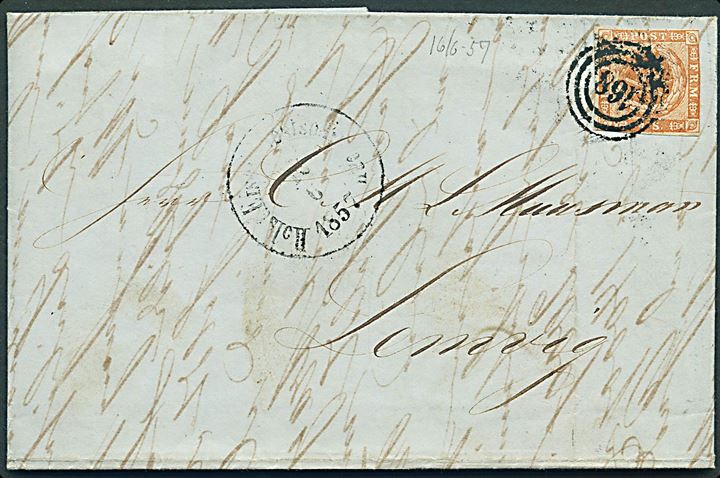 4 sk. 1854 udg. på brev fra Hamburg annulleret med nr.stempel 168 og sidestemplet antiqua Holst. Eisenb. Postsp. Bureau d. 16.6.1857 til Lemvig. 