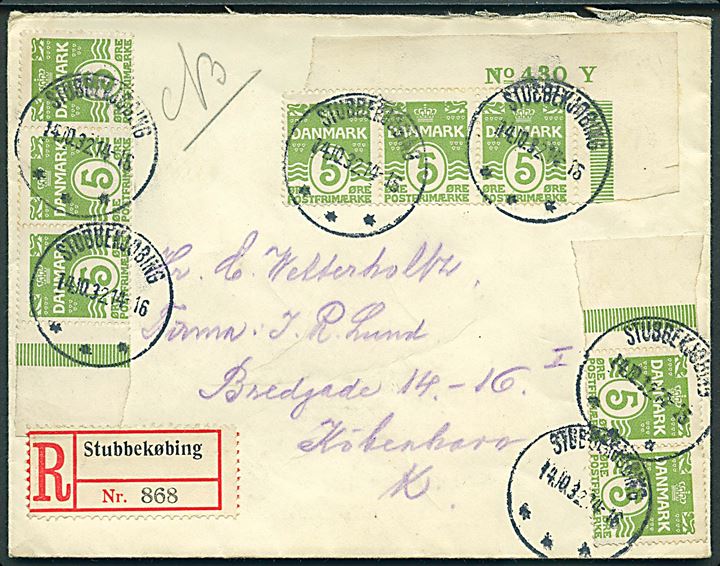 5 øre Bølgelinie (8) på anbefalet brev fra Stubbekjøbing d. 14.10.1932 til København.