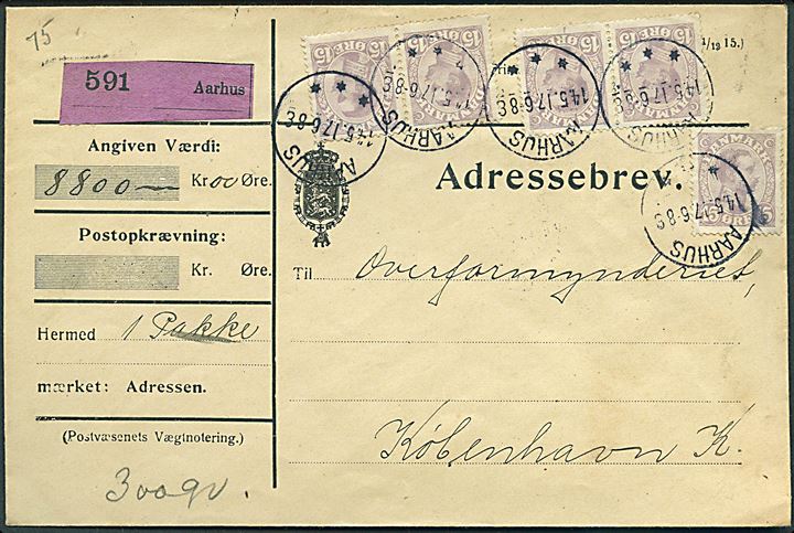 15 øre Chr. X (5) på adressebrev for værdipakke fra Aarhus d. 14.5.1917 til København.