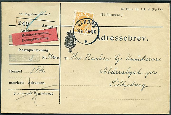 35 øre Chr. X single på adressebrev for pakke med opkrævning fra Aarhus d. 14.9.1916 til Silkeborg.