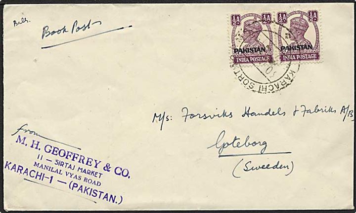 ½ A. George VI Pakistan provisorier på tryksag fra Karachi 1947 til Göteborg, Sverige.