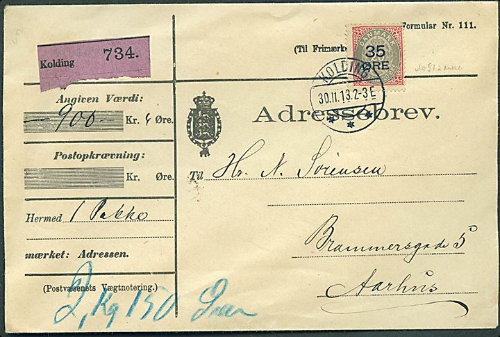 35/20 øre Provisorium single på adressebrev for værdipakke fra Kolding d. 30.11.1913 til Aarhus.
