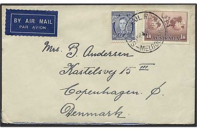 3d George VI og 1'6 sh Globe på luftpostbrev stemplet Ship Mail Room Melbourne d. 3.5.1938 til København, Danmark.