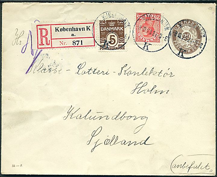 20 øre helsagskuvert (fabr. 35-Z) opfrankeret med 5 øre Bølgelinie og 25 øre Chr. X sendt anbefalet fra Kjøbenhavn d. 8.10.1923 til Kalundborg.
