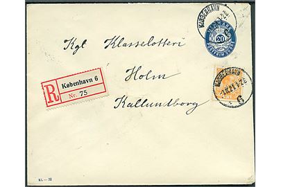 20 øre helsagskuvert (fabr. KL.-32) opfrankeret med 30 øre Chr. X sendt anbefalet fra Kjøbenhavn d. 7.11.1921 til Kalundborg.