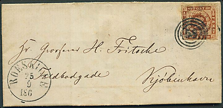 4 sk. stukken kant på brev annulleret med nr.stempel 58 og sidestemplet antiqua Roeskilde d. 25.9.1863 til Kjøbenhavn.