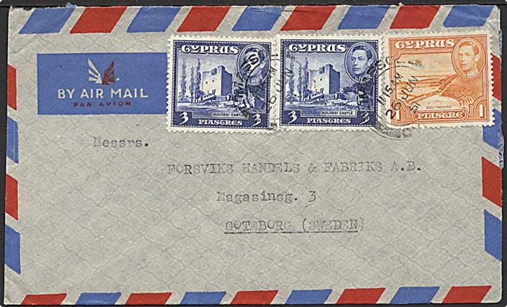 1 p. og 3 p. (par) George VI på luftpostbrev fra Limassol 1951 til Göteborg, Sverige.