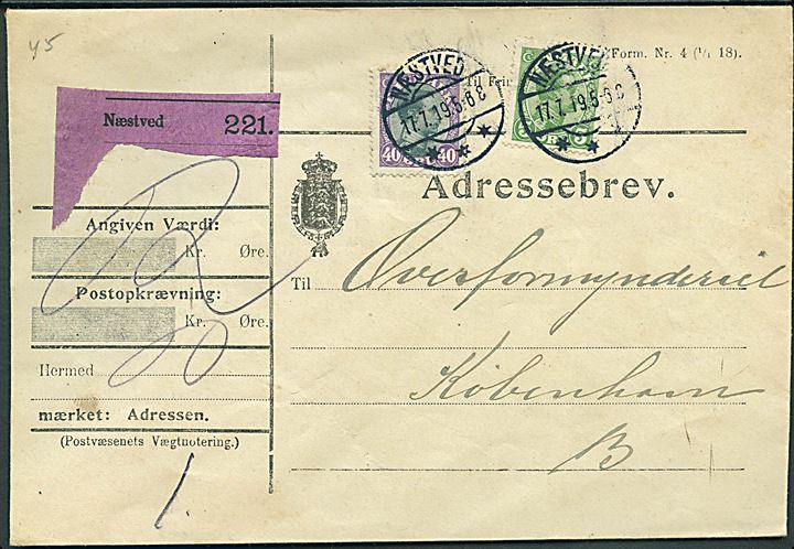 5 øre og 40 øre Chr. X på adressebrev for værdipakke fra Næstved d. 17.7.1919 til København.