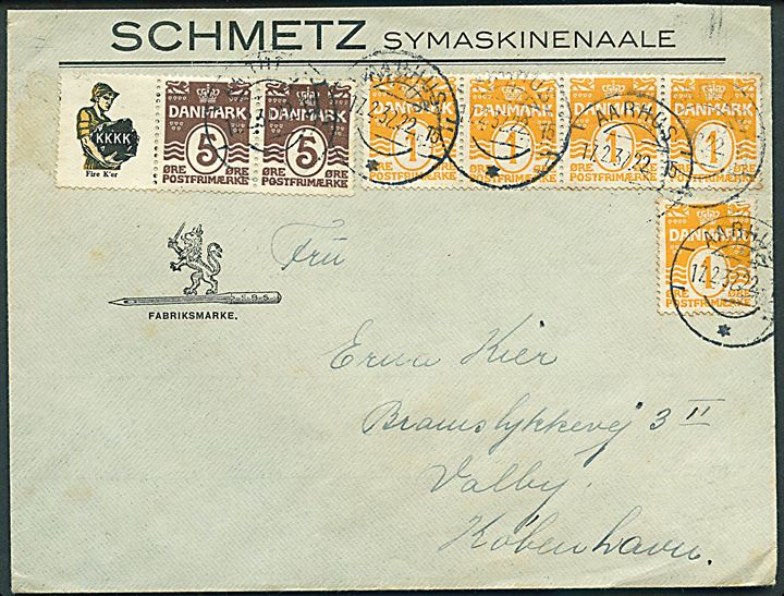 5 øre Bølgelinie og KKKK Reklamemærke i sammentrykt 3-stribe, samt 1 øre Bølgelinie (5), på brev fra Aarhus d. 17.2.1932 til København.