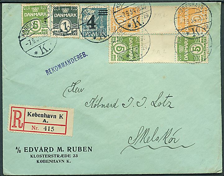 5 øre og 10 øre Bølgelinie i tête-bêche sammentryk med mellemstykke, samt 1 øre, 5 øre Bølgelinie og 4/25 øre Provisorium, på anbefalet brev fra København d. 7.9.1934 via Korsør til Skelskør.
