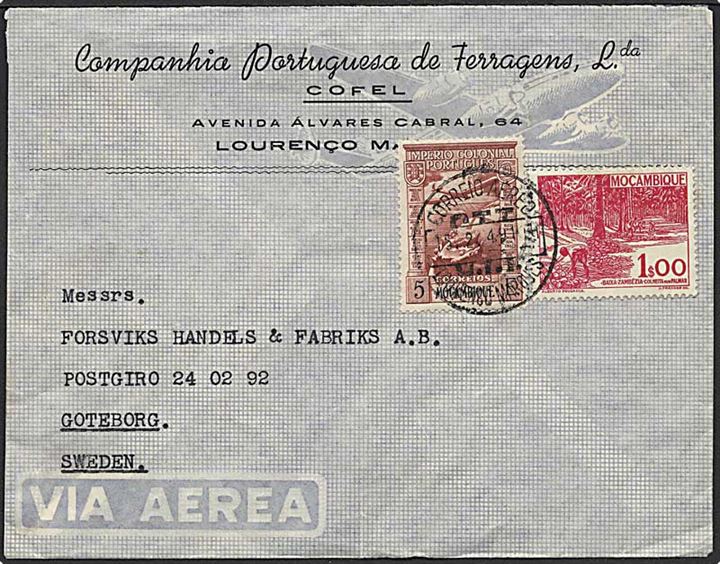 6 e. blandingsfrankeret luftpostbrev fra Lourenco Marques d. 15.2.1949 til Göteborg, Sverige.