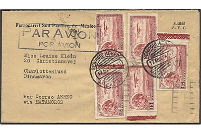 15 c. Luftpost (5) på luftpostbrev fra Mazatlan d. 14.4.1934 via Paris til Charlottenlund. Påskrevet: via Matamoros.