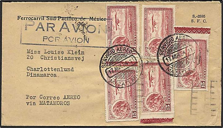 15 c. Luftpost (5) på luftpostbrev fra Mazatlan d. 14.4.1934 via Paris til Charlottenlund. Påskrevet: via Matamoros.