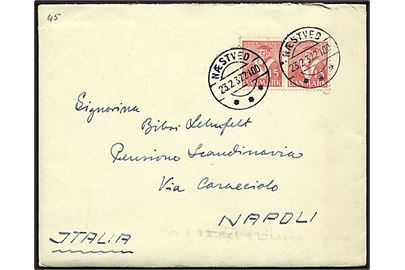 15 øre Tavsen i parstykke på brev fra Næstved d. 23.2.1937 til Napoli, Italien.