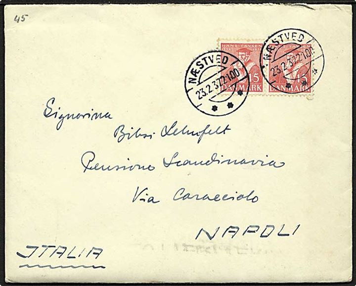 15 øre Tavsen i parstykke på brev fra Næstved d. 23.2.1937 til Napoli, Italien.
