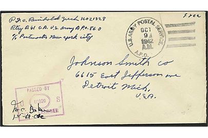 Amerikansk Free mail brev stemplet U.S. Army Postal Service APO d. 9.10.1942 til USA. Fra Btry B, 61st Coastal Artillery APO 860 (= Reykjavik). Unit censor no. 00920.