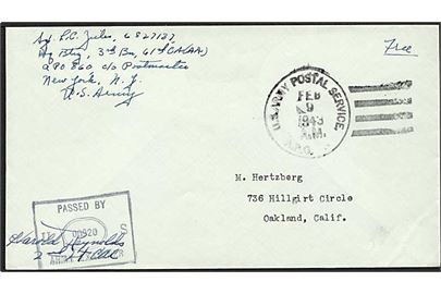 Amerikansk Free mail brev stemplet U.S. Army Postal Service APO d. 9.2.1943 til USA. Fra Hq Btry, 61st Coastal Artillery APO 860 (= Reykjavik). Unit censor no. 00920.