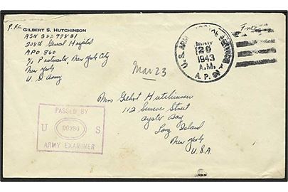 Amerikansk Free mail brev stemplet U.S. Army Postal Service APO d. 26.5.1943 til USA. Fra 208th General Hospital APO 860 (= Reykjavik). Unit censor no. 00980.