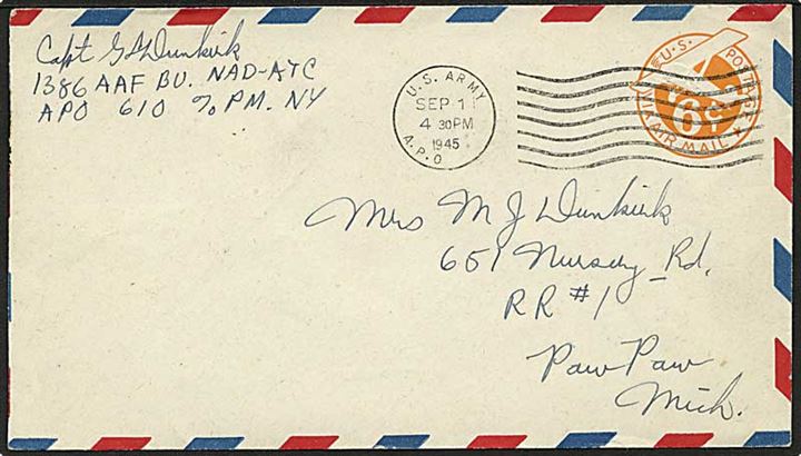Amerikansk 6 cents luftpost helsagskuvert stemplet U.S. Army APO d. 1.9.1945 til USA. Fra 1386 AAF Base Unit APO 610 = Keflavik, Island.