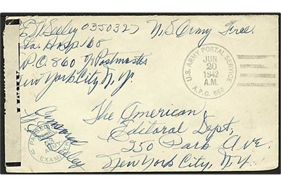 Amerikansk Free mail brev stemplet U.S. Army Postal Service APO 860 d. 20.6.1942 til USA. Fra Station Hospital 168, APO 860 (= Reykjavik). Åbnet af Base Censor med fortrykt banderole og stempel no. 63