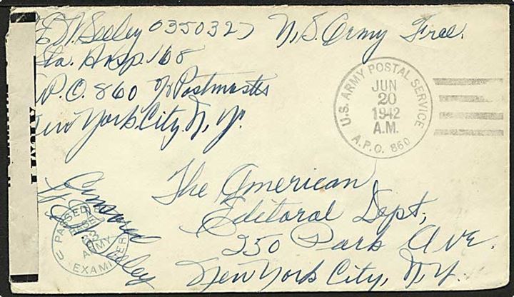 Amerikansk Free mail brev stemplet U.S. Army Postal Service APO 860 d. 20.6.1942 til USA. Fra Station Hospital 168, APO 860 (= Reykjavik). Åbnet af Base Censor med fortrykt banderole og stempel no. 63