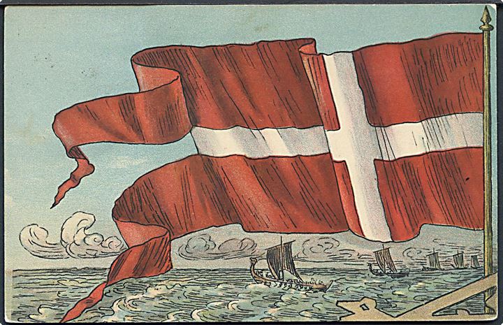 Danica. Dannebrog og vikingeskibe. “Danmark dejligst Vang og Vænge”. V.M.K. no. 1005. Kvalitet 7