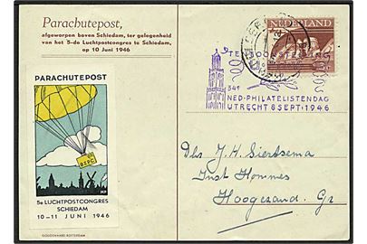 3 c. Luftpost på Faldskærmspost brevkort annulleret med udstillingsstempel fra Utrecht d. 8.9.1946 til Hoogersand.