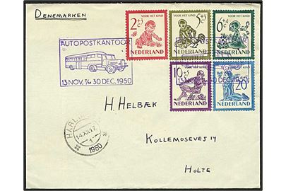 Komplet sæt Børneforsorg på brev annulleret med violet Autopostantoor stempel og sidestemplet Harl.. d. 14.12.1950 til Holte, Danmark.